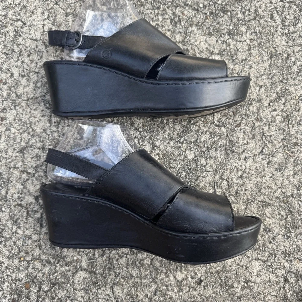 BORN Emmy Platform 4" Wedge‎ Cross Strap Women's Sz 11 M Black Leather Sandals - Picture 7 of 12